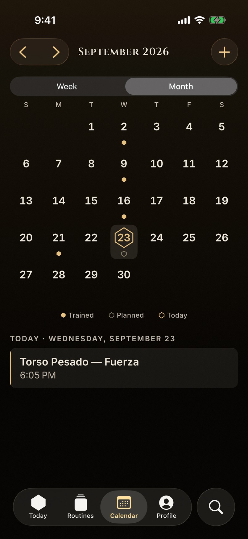 Monthly workout calendar with recurrence rules and scheduled session.