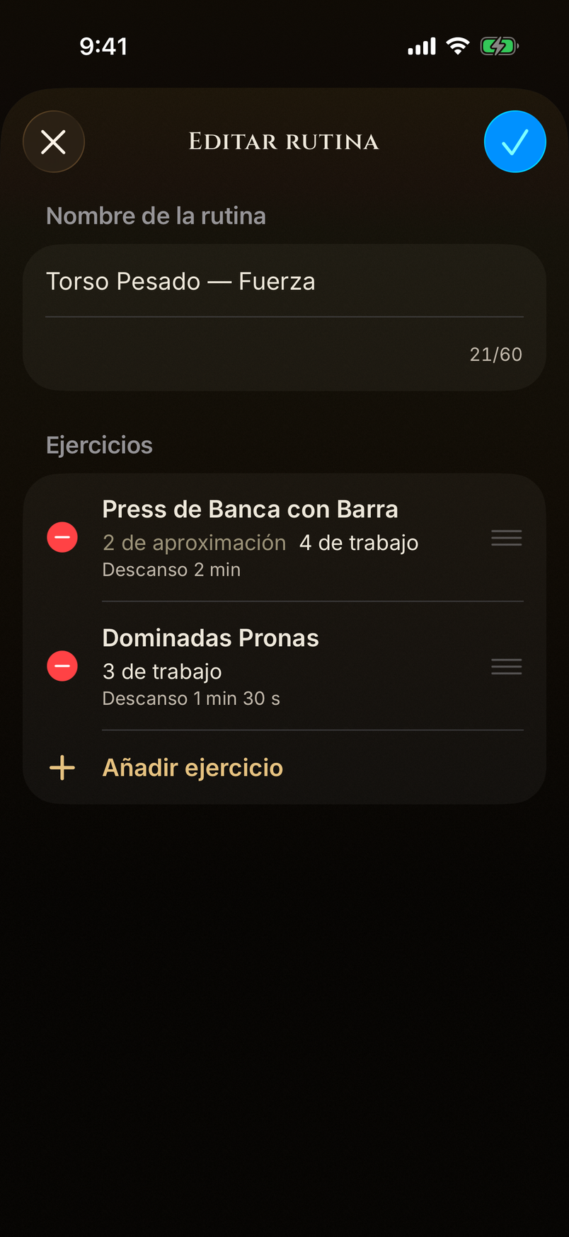 Editor de rutinas con orden de series, repeticiones y descansos.