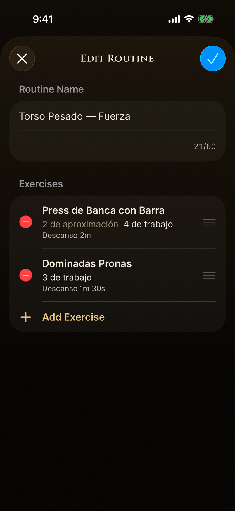 Routine editor with set sequencing, repetitions, and rest intervals.